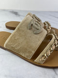 CHANEL Beige Velvet CC Chain Flat Sandals Size 36.5