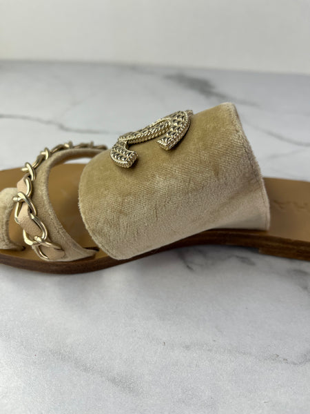 CHANEL Beige Velvet CC Chain Flat Sandals Size 36.5