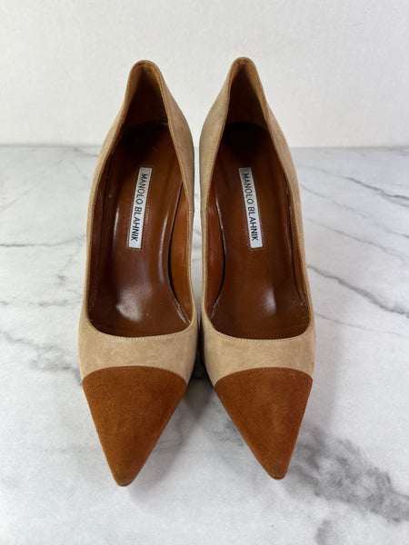 Manolo Blahnik Beige/Brown Bipunta Suede Cap-Toe Pumps Size 36.5
