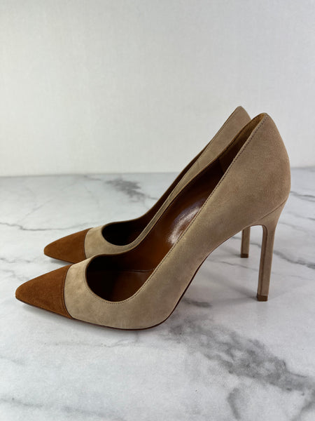Manolo Blahnik Beige/Brown Bipunta Suede Cap-Toe Pumps Size 36.5