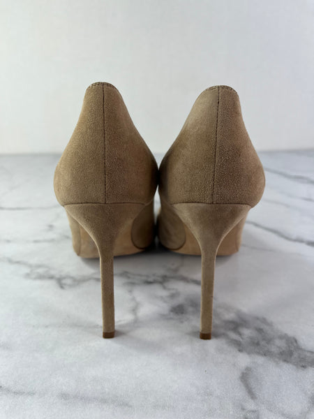 Manolo Blahnik Beige/Brown Bipunta Suede Cap-Toe Pumps Size 36.5