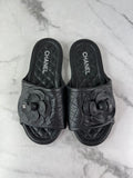 CHANEL Black Quilted Leather Camelia CC Flat Slides Size 36