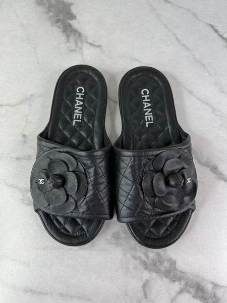 CHANEL Black Quilted Leather Camelia CC Flat Slides Size 36