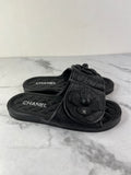 CHANEL Black Quilted Leather Camelia CC Flat Slides Size 36