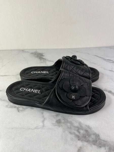 CHANEL Black Quilted Leather Camelia CC Flat Slides Size 36