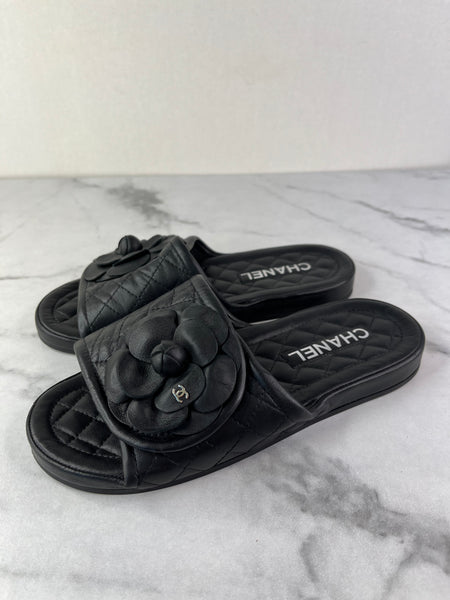 CHANEL Black Quilted Leather Camelia CC Flat Slides Size 36