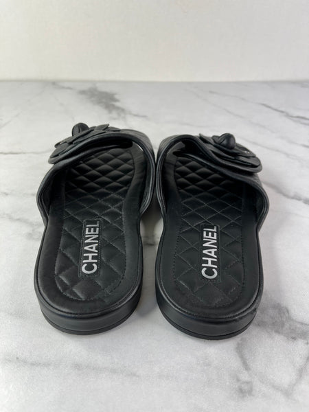 CHANEL Black Quilted Leather Camelia CC Flat Slides Size 36