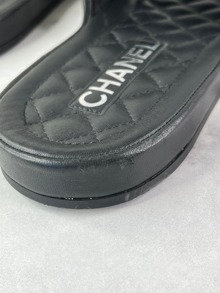 CHANEL Black Quilted Leather Camelia CC Flat Slides Size 36