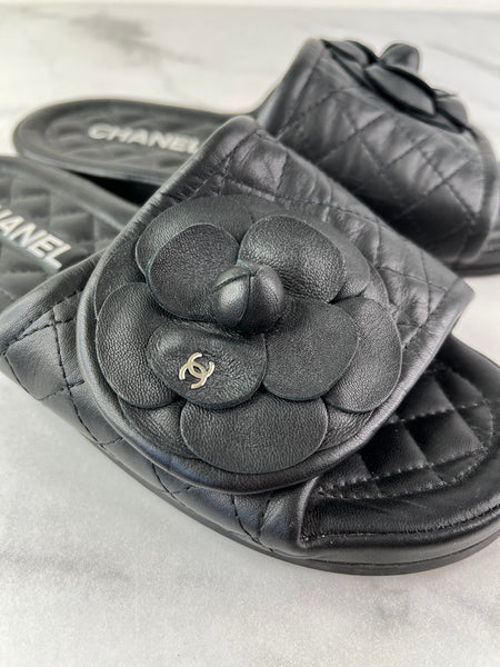 CHANEL Black Quilted Leather Camelia CC Flat Slides Size 36