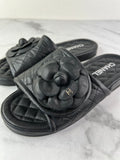 CHANEL Black Quilted Leather Camelia CC Flat Slides Size 36