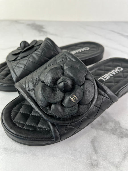 CHANEL Black Quilted Leather Camelia CC Flat Slides Size 36
