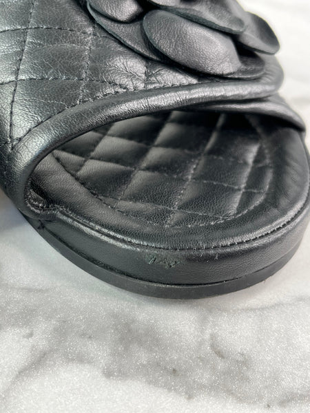 CHANEL Black Quilted Leather Camelia CC Flat Slides Size 36