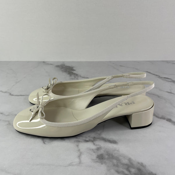 Prada Ivory Patent Leather Slingback Pumps Size 38.5