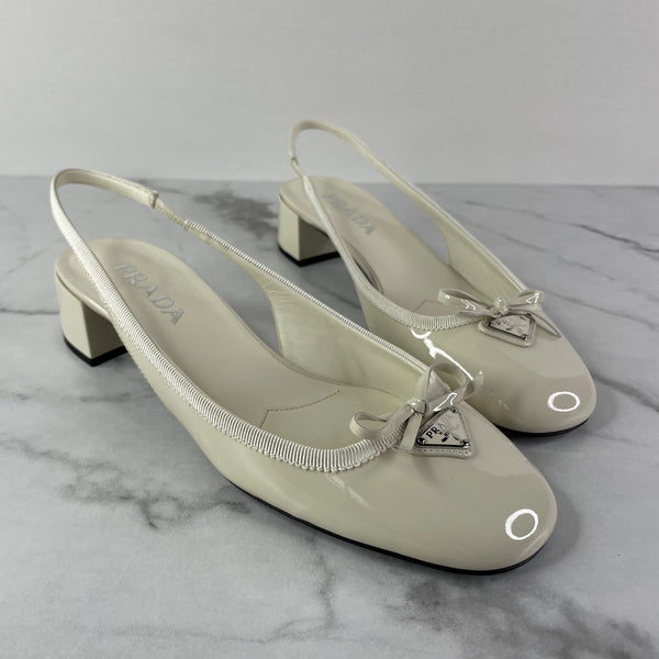 Prada Ivory Patent Leather Slingback Pumps Size 38.5