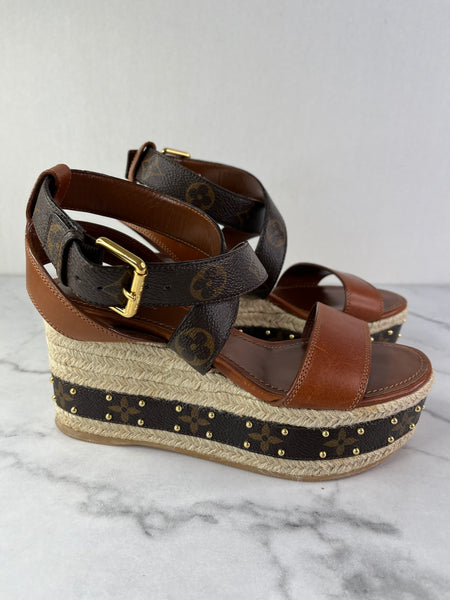 LOUIS VUITTON Brown Leather and Monogram Canvas Boundary Wedge Espadrilles Sandals Size 37