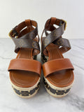 LOUIS VUITTON Brown Leather and Monogram Canvas Boundary Wedge Espadrilles Sandals Size 37