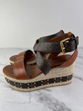 LOUIS VUITTON Brown Leather and Monogram Canvas Boundary Wedge Espadrilles Sandals Size 37