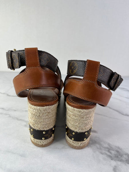 LOUIS VUITTON Brown Leather and Monogram Canvas Boundary Wedge Espadrilles Sandals Size 37