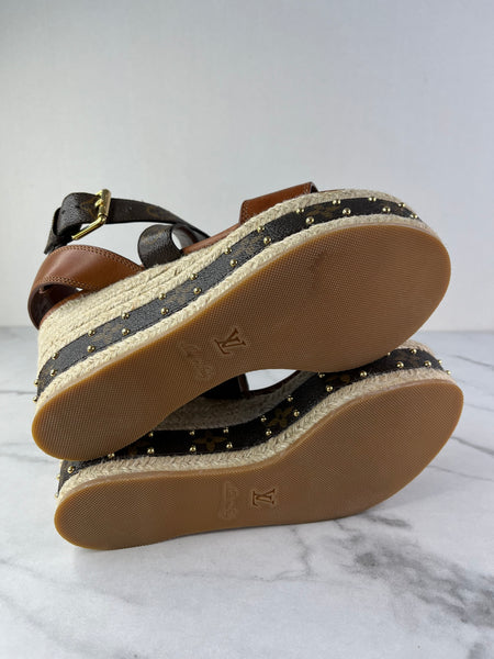 LOUIS VUITTON Brown Leather and Monogram Canvas Boundary Wedge Espadrilles Sandals Size 37