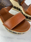 LOUIS VUITTON Brown Leather and Monogram Canvas Boundary Wedge Espadrilles Sandals Size 37