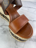 LOUIS VUITTON Brown Leather and Monogram Canvas Boundary Wedge Espadrilles Sandals Size 37
