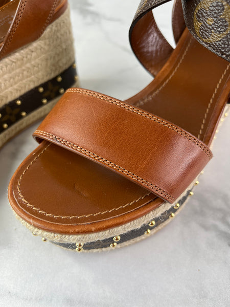 LOUIS VUITTON Brown Leather and Monogram Canvas Boundary Wedge Espadrilles Sandals Size 37