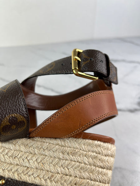 LOUIS VUITTON Brown Leather and Monogram Canvas Boundary Wedge Espadrilles Sandals Size 37