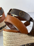 LOUIS VUITTON Brown Leather and Monogram Canvas Boundary Wedge Espadrilles Sandals Size 37