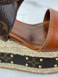 LOUIS VUITTON Brown Leather and Monogram Canvas Boundary Wedge Espadrilles Sandals Size 37