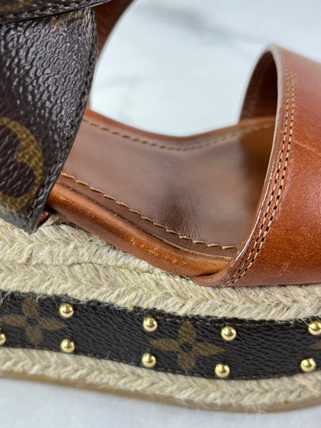 LOUIS VUITTON Brown Leather and Monogram Canvas Boundary Wedge Espadrilles Sandals Size 37