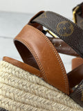 LOUIS VUITTON Brown Leather and Monogram Canvas Boundary Wedge Espadrilles Sandals Size 37