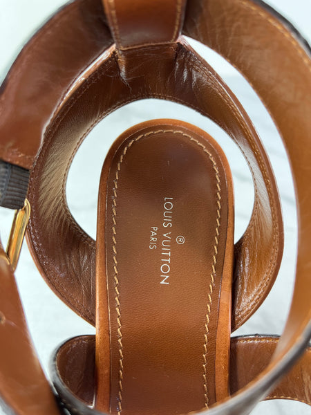 LOUIS VUITTON Brown Leather and Monogram Canvas Boundary Wedge Espadrilles Sandals Size 37