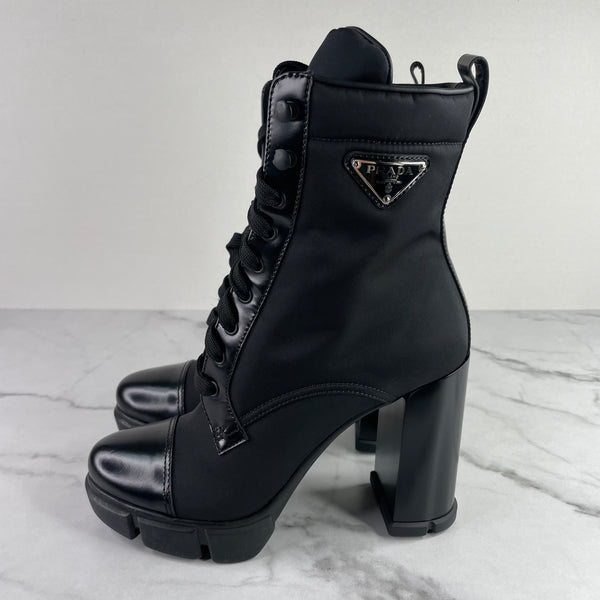 PRADA Black Monolith Re-Nylon And Leather Lace-Up Heeled Ankle Boots Size 39 (fits US 8-8.5)