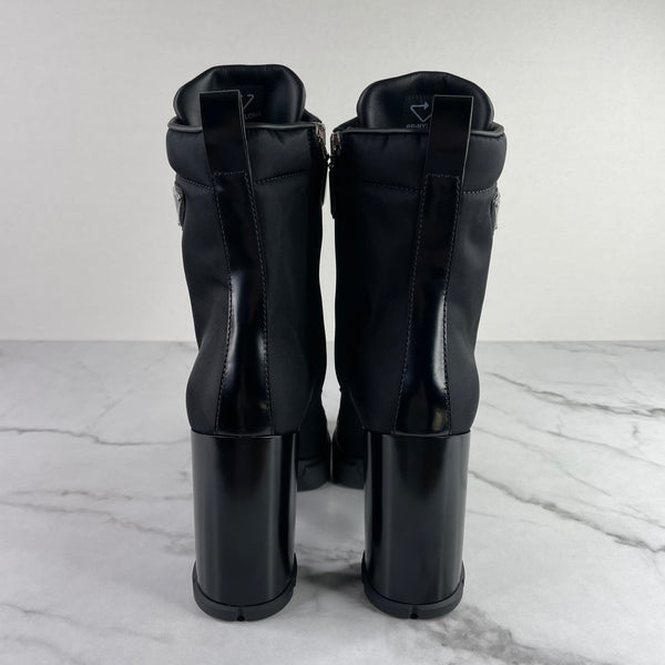 PRADA Black Monolith Re-Nylon And Leather Lace-Up Heeled Ankle Boots Size 39 (fits US 8-8.5)