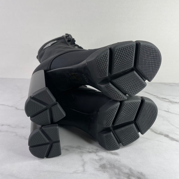 PRADA Black Monolith Re-Nylon And Leather Lace-Up Heeled Ankle Boots Size 39 (fits US 8-8.5)