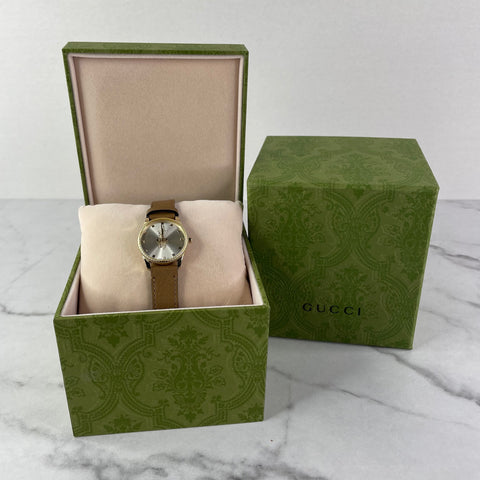 GUCCI G-Timeless 29mm Bee Watch with Taupe Leather Strap