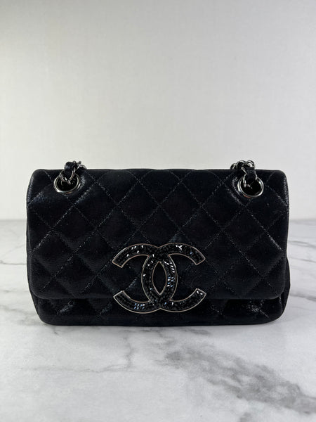 CHANEL Crystal CC Iridescent/metallic black quilted Mini Flap Shoulder Bag