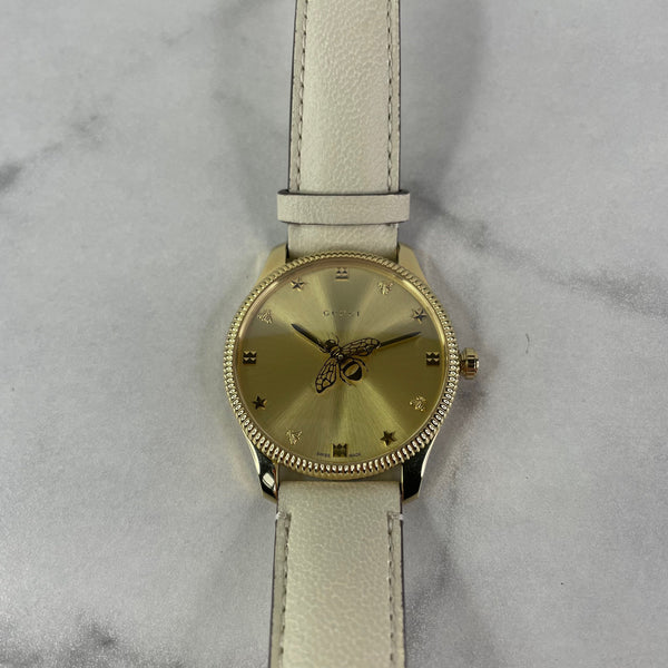 GUCCI G-Timeless 36MM Quartz Gold Dial White Leather Watch