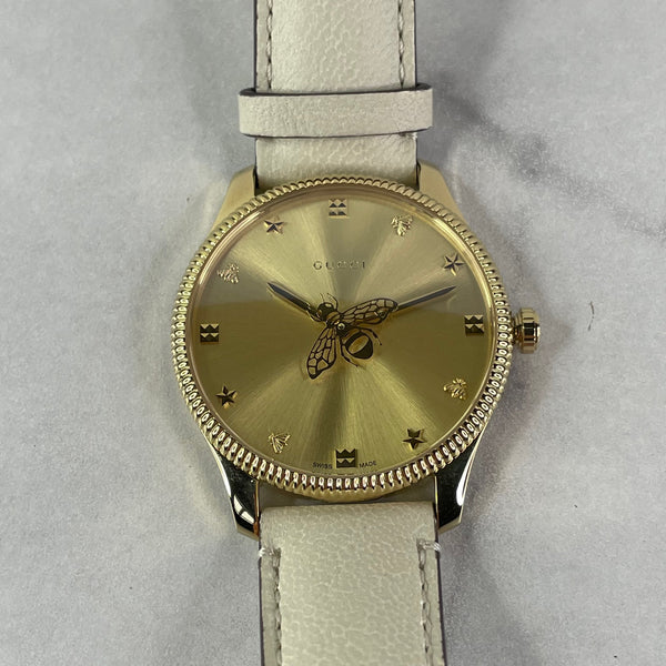 GUCCI G-Timeless 36MM Quartz Gold Dial White Leather Watch