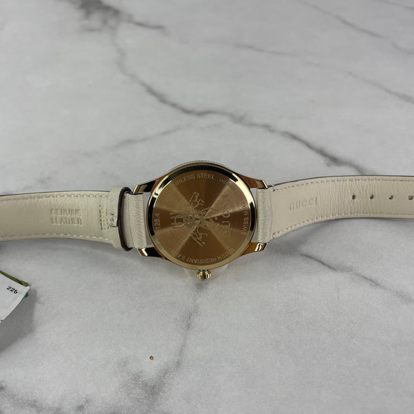 GUCCI G-Timeless 36MM Quartz Gold Dial White Leather Watch