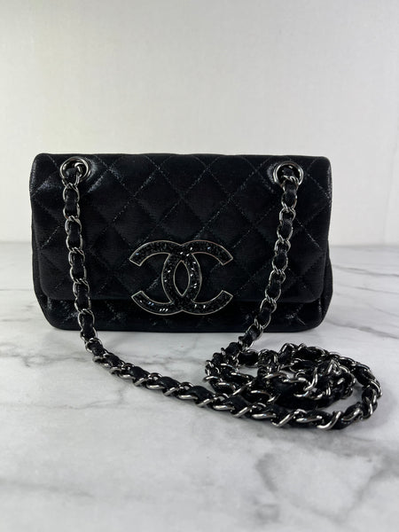 CHANEL Crystal CC Iridescent/metallic black quilted Mini Flap Shoulder Bag
