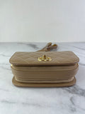 CHANEL Beige Quilted Shiny Calfskin/Suede Goatskin Mini Messenger Shoulder/Crossbody Bag