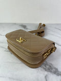 CHANEL Beige Quilted Shiny Calfskin/Suede Goatskin Mini Messenger Shoulder/Crossbody Bag