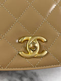 CHANEL Beige Quilted Shiny Calfskin/Suede Goatskin Mini Messenger Shoulder/Crossbody Bag