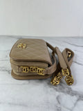 CHANEL Beige Quilted Shiny Calfskin/Suede Goatskin Mini Messenger Shoulder/Crossbody Bag