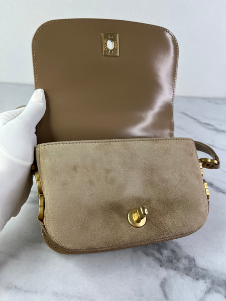 CHANEL Beige Quilted Shiny Calfskin/Suede Goatskin Mini Messenger Shoulder/Crossbody Bag