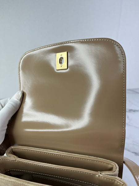 CHANEL Beige Quilted Shiny Calfskin/Suede Goatskin Mini Messenger Shoulder/Crossbody Bag