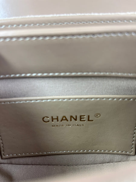 CHANEL Beige Quilted Shiny Calfskin/Suede Goatskin Mini Messenger Shoulder/Crossbody Bag