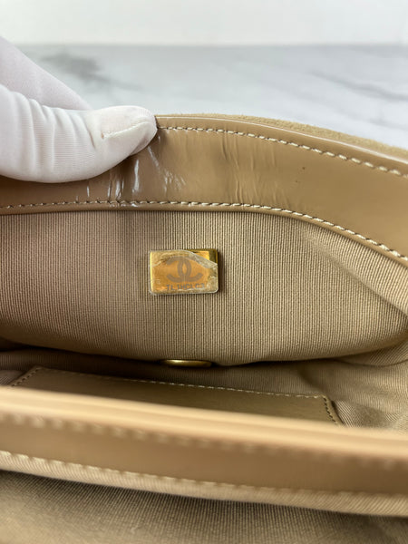 CHANEL Beige Quilted Shiny Calfskin/Suede Goatskin Mini Messenger Shoulder/Crossbody Bag