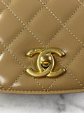 CHANEL Beige Quilted Shiny Calfskin/Suede Goatskin Mini Messenger Shoulder/Crossbody Bag